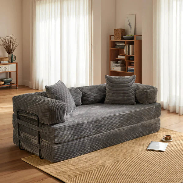 4-in-1 Convertible Floor Sofa Bed – Modular Corduroy Sleeper Couch with Pillow, Foldable Loveseat Chair, Lazy Recliner and Queen Mattress for Living Room or Bedroom