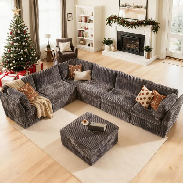 L-Shape Modular Corduroy Sofa - 130.7 Inch Deep Seating Living Room Furniture Set