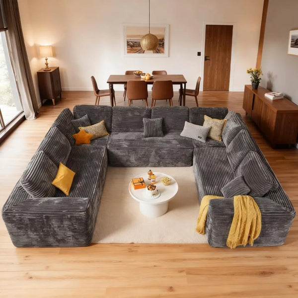 Fluffy Memory Foam Sofa Set - U-Layout Corduroy Cover, Unbox and Enjoy