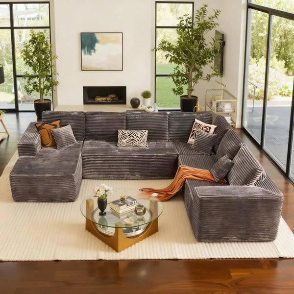 No-Assembly Modular L-Shaped Sofa with Memory Foam and Corduroy Fabric